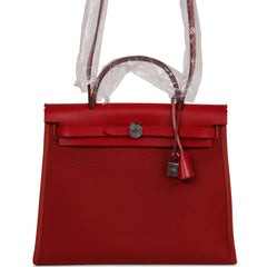 Hermes Herbag Zip 31 Rouge Venetian/Rouge Piment/Rose Extreme Toile H and Vache Hunter Palladium Hardware