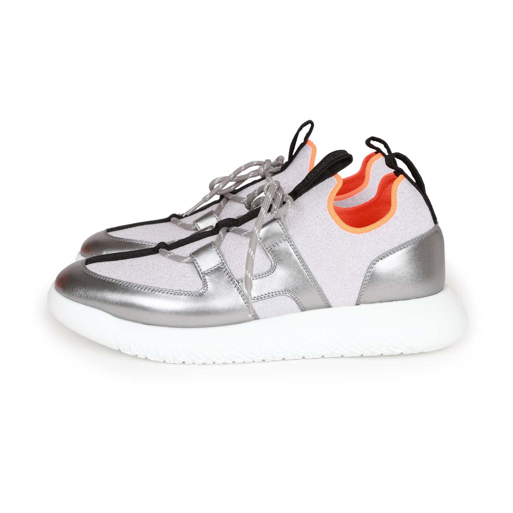 Hermes Duel Sneakers Silver, Black, and Orange Calfskin and Rubber 40