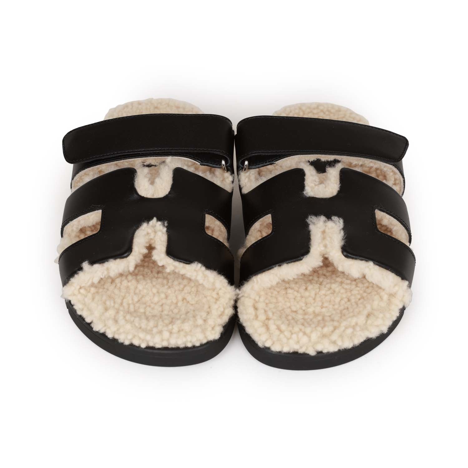 Hermes Chypre Sandals Black and Ecru Shearling 38 – Madison Avenue Couture