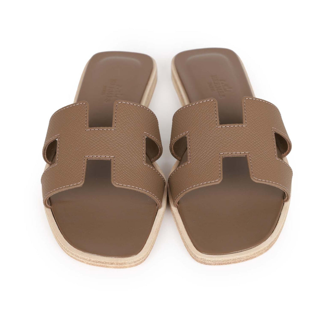 Hermes Oran Sandals Etoupe Epsom Leather Flat Shoes 38.5