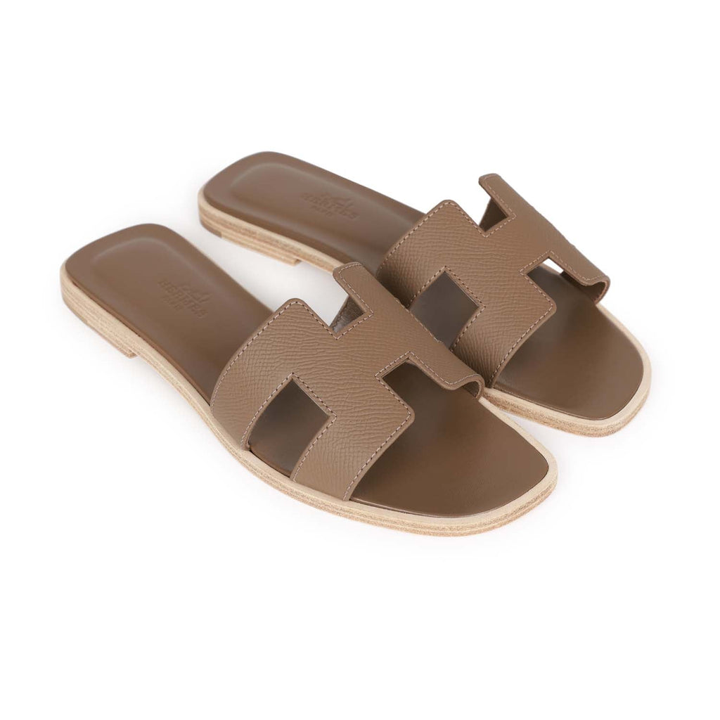Hermes, Shoes, Hermes H Oran Sandals Etoupe Epsom Leather Flip Flops  Shoes Flat Slides 38
