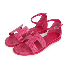Hermes Santorini Sandals Rose Flash Lizard Palladium Hardware 36 EU