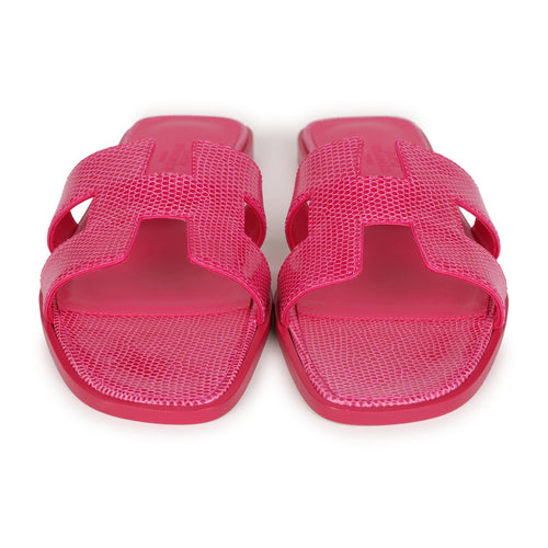 Hermes Oran Sandals Rose Flash Lizard 38.5 EU