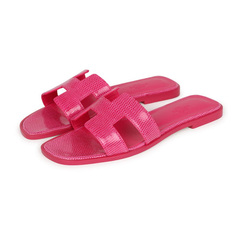 Hermes Oran Sandals Rose Flash Lizard 38.5 EU