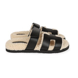 Hermes Chypre Techno Sandals Black and Ecru Shearling Palladium Hardware 37