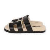 Hermes Chypre Techno Sandals Black and Ecru Shearling Palladium Hardware 37