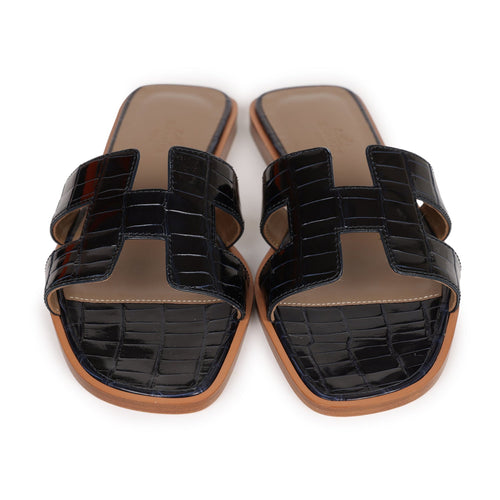 Hermes Oran Sandals Marine Shiny Alligator 37 EU