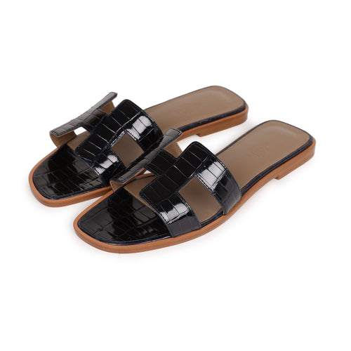 Hermes Oran Sandals Marine Shiny Alligator 37 EU