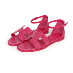 Hermes Santorini Sandals Rose Flash Lizard Palladium Hardware 37 EU