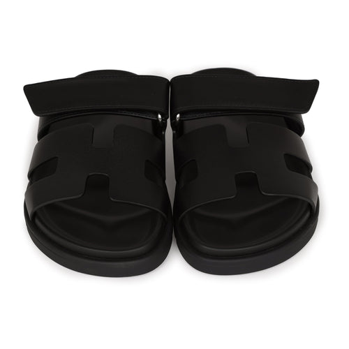 Hermes Chypre Sandals Black Calfskin Palladium Hardware 34.5 EU