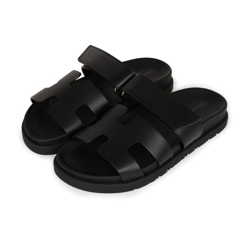 Hermes Chypre Sandals Black Calfskin Palladium Hardware 34.5 EU
