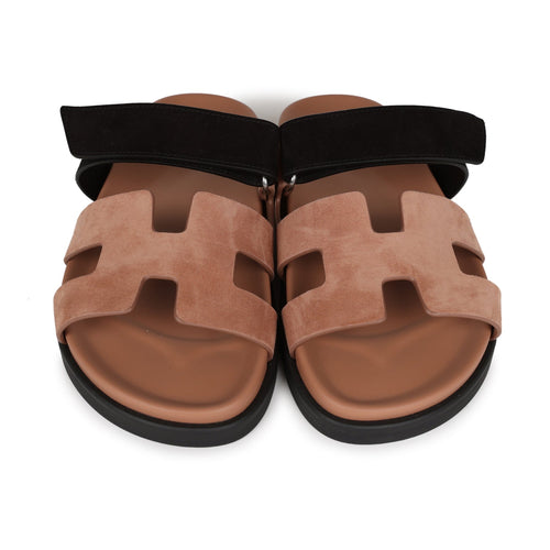 Hermes Chypre Techno Sandal Ve Rose Perle/Black Suede 38.5 EU