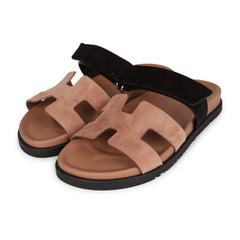 Hermes Chypre Techno Sandal Ve Rose Perle/Black Suede 38.5 EU