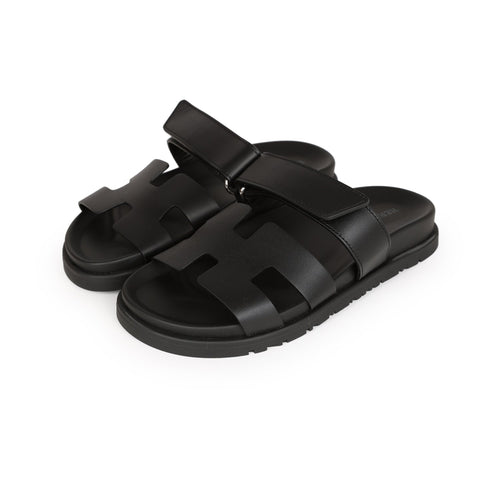 Hermes Chypre Sandals Black Calfskin Palladium Hardware 35 EU