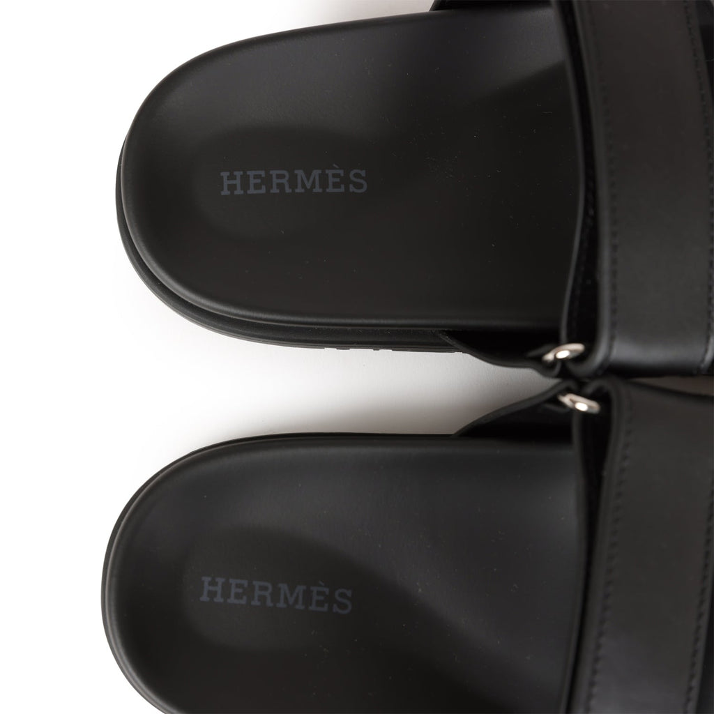 Hermes Chypre Sandals Black Calfskin Palladium Hardware 35 EU