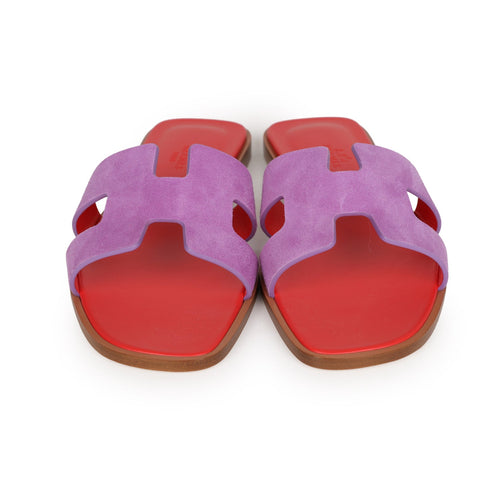 Hermes Oran Sandal Violet Parme and Red Suede Goatskin 38.5 EU