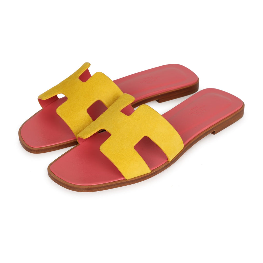 Hermes Oran Sandal Jaune Sable and Rose Azalee Suede Goatskin EU