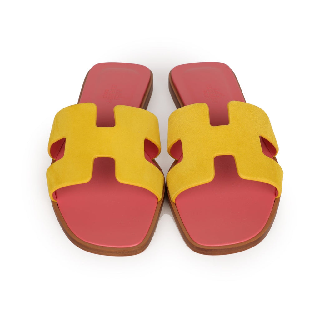 Hermes Oran Sandal Jaune Sable and Rose Azalee Suede Goatskin EU