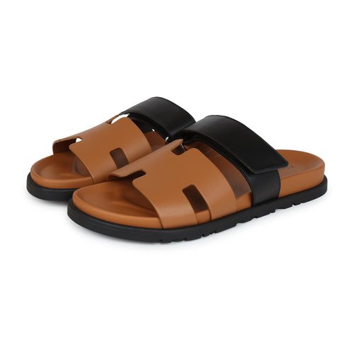 Hermes Chypre Sandals Black and Natural Calfskin Palladium Hardware 40.5 EU