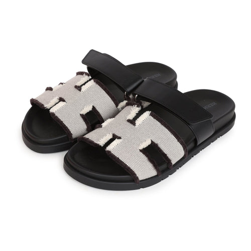 Hermes Chypre Techno Sandals Black/Prunoir Calfskin and Canvas Palladium Hardware 39 EU