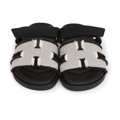 Hermes Chypre Techno Sandals Black/Prunoir Calfskin and Canvas Palladium Hardware 39 EU