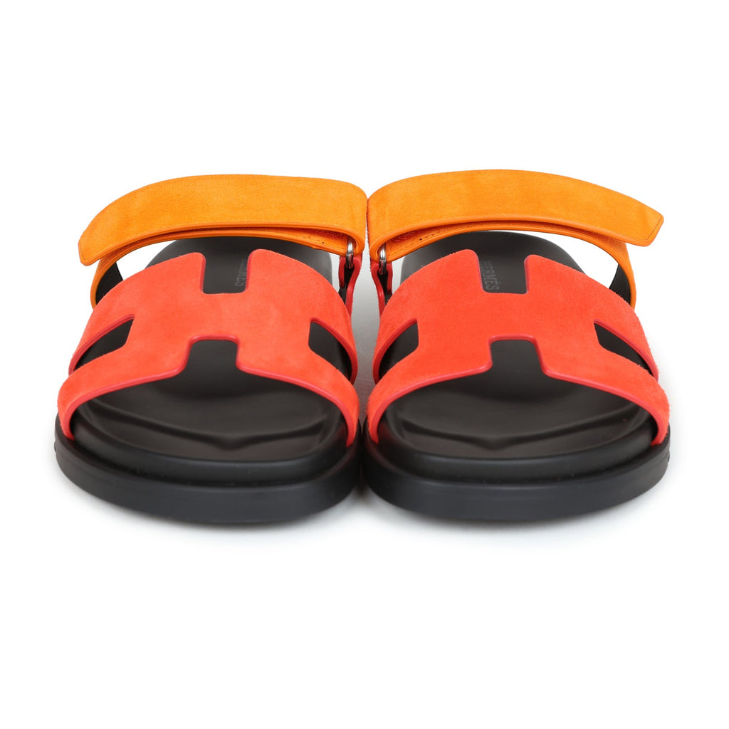 Hermes Chypre Techno Sandals Sunset/Rouge Ecarlate Suede Palladium Hardware 38 EU