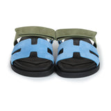 Hermes Chypre Techno Sandals Bleu Cameo/Vert Suede 36 EU Palladium Hardware