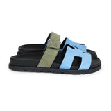 Hermes Chypre Techno Sandal Bleu Cameo/Vert Suede Palladium Hardware 37.5 EU
