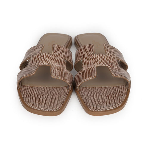 Hermes Oran Sandal Beige Argile Shiny Lizard 37.5 EU