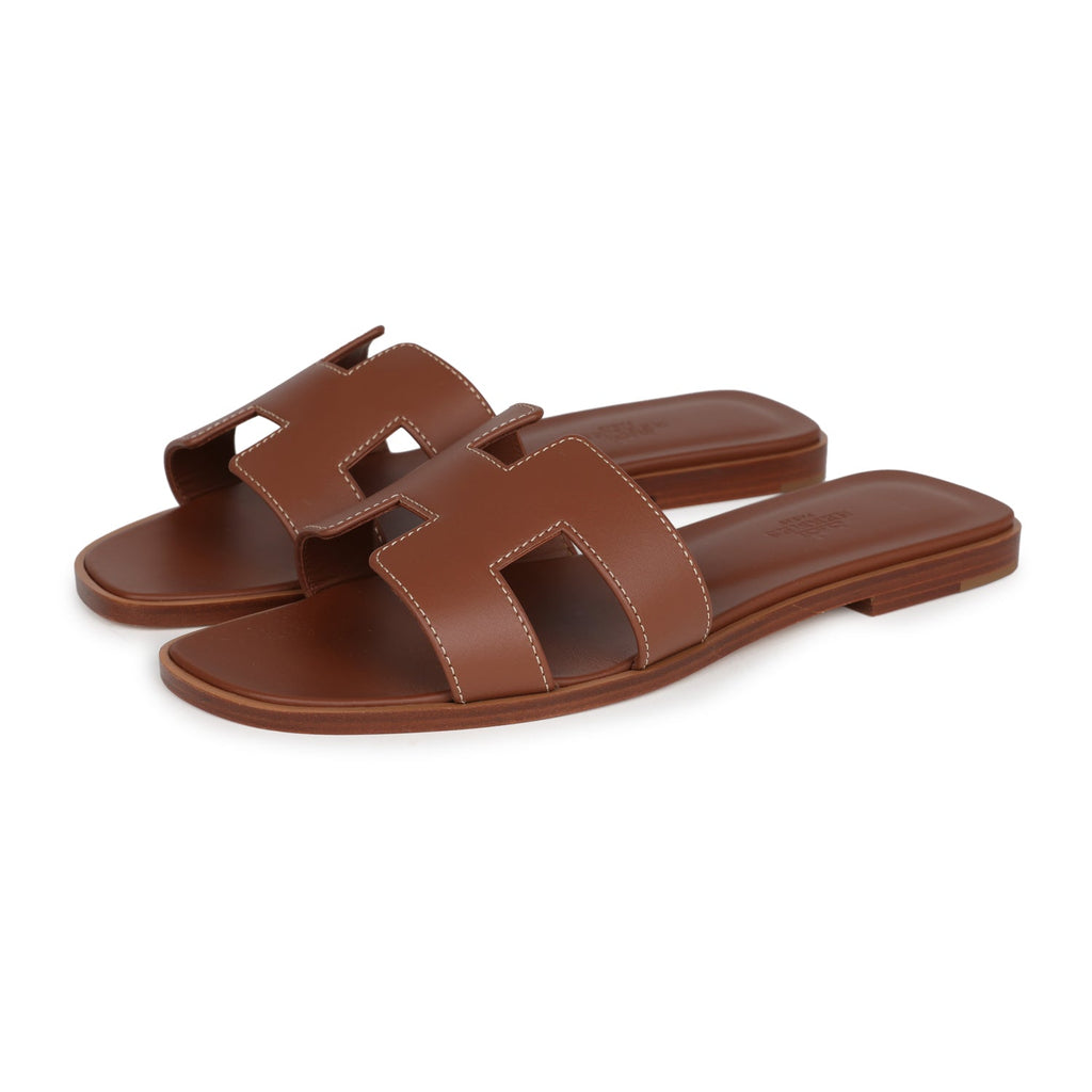 Hermes Oran Sandals Gold Box Calfskin EU Brown New