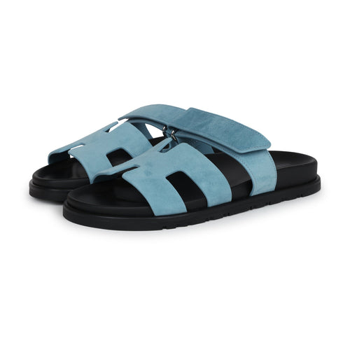 Hermes Chypre Techno Sandals Bleu Mineral Suede Palladium Hardware 37 EU