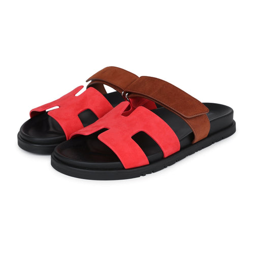 Hermes Chypre Techno Sandal Rouge Cinetique & Gold Suede Palladium Hardware 38.5 EU