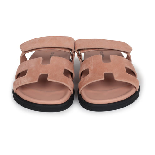 Hermes Chypre Techno Sandal Nude Suede Palladium Hardware 38 EU