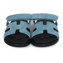 Hermes Chypre Techno Sandals Bleu Mineral Suede Palladium Hardware 37 EU