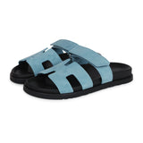 Hermes Chypre Techno Sandals Bleu Mineral Suede Palladium Hardware 37 EU