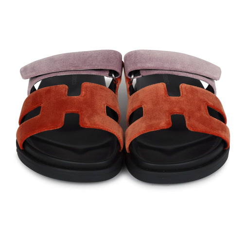 Hermes Chypre Techno Sandals Orange Canyon/Bruyère Velvet Palladium Hardware 38 EU