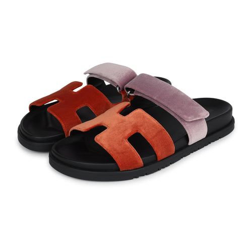 Hermes Chypre Techno Sandals Orange Canyon/Bruyère Velvet Palladium Hardware 38 EU