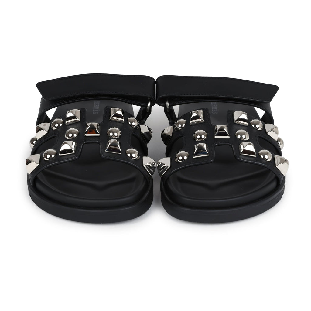 Hermes Chypre Techno Sandals Black Studded Calfskin Palladium Hardware EU