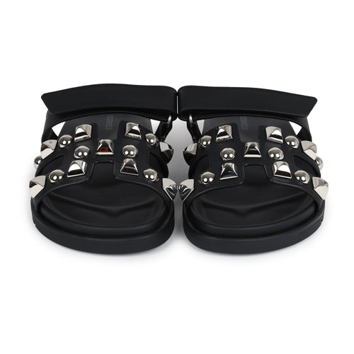 Hermes Chypre Techno Sandals Black Studded Calfskin Palladium Hardware 37.5 EU