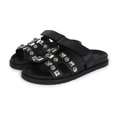 Hermes Chypre Techno Sandals Black Studded Calfskin Palladium Hardware 37.5 EU