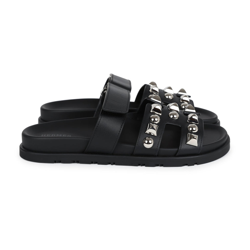 Hermes Chypre Techno Sandals Black Studded Calfskin Palladium Hardware
