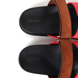 Hermes Chypre Techno Sandal Rouge Cinetique/Gold Suede Palladium Hardware 37 EU