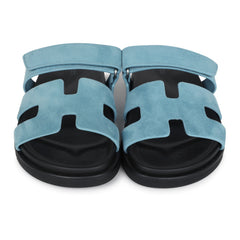 Hermes Chypre Techno Sandals Bleu Mineral Suede Palladium Hardware 37 EU