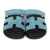 Hermes Chypre Techno Sandals Bleu Mineral Suede Palladium Hardware 37 EU