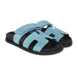 Hermes Chypre Techno Sandals Bleu Mineral Suede Palladium Hardware 37 EU