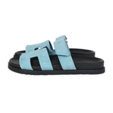 Hermes Chypre Techno Sandals Bleu Mineral Suede Palladium Hardware 37 EU