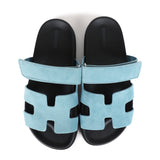 Hermes Chypre Techno Sandals Bleu Mineral Suede Palladium Hardware 37 EU