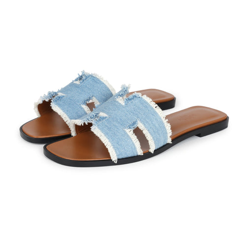 Hermes Oran Sandals Bleu Clair Denim Fringe 38.5 EU