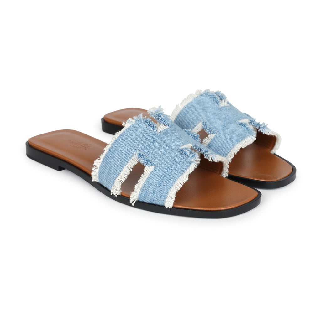 Hermes Oran Sandals Bleu Clair Denim Fringe EU - Main Image