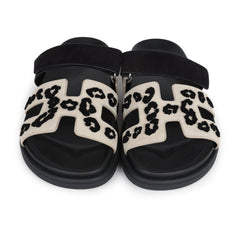 Hermes Chypre Techno Sandal Beige Esquisse and Black Tufted Suede Palladium Hardware 38.5 EU